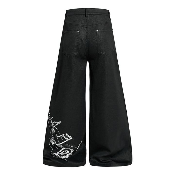 Damen Weite hochgeschnittene Palazzo-Hose mit beschichteter Lederoptik, extra weitem Bein und Statement-Print Drune