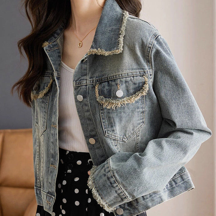 Damen lässige Denimjacke mit modischen Fransen und dekorativen Knopfdetails Drune