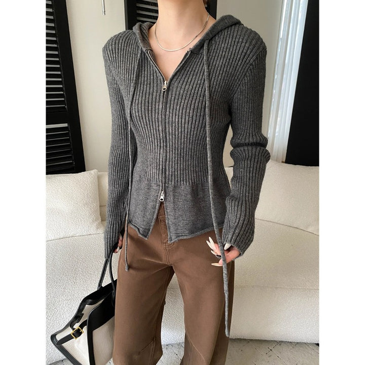 Damen lässige Strickjacke mit Kapuze und Reißverschluss Drune