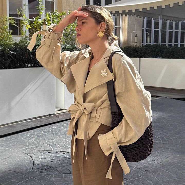 Damen Kurztrench mit Taillen-Knotendetail, Cape-Ärmeln und kastigem Cropped-Schnitt Drune