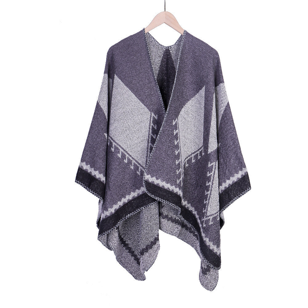 Damen Grobgestrickte Oversize-Ruana mit grafischem Blockmuster und asymmetrischem Zipfelrand Drune