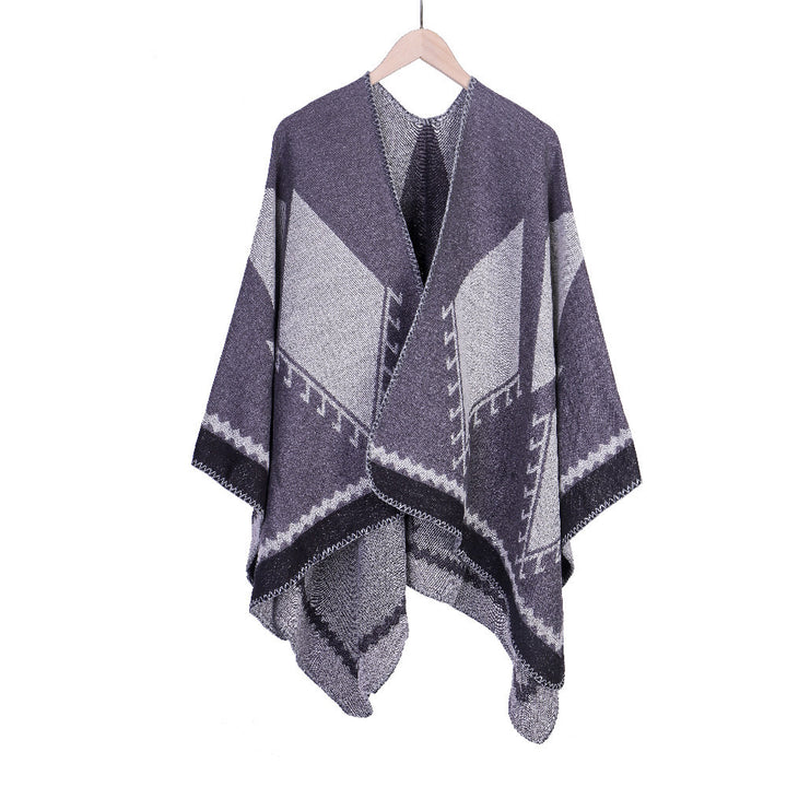 Damen Grobgestrickte Oversize-Ruana mit grafischem Blockmuster und asymmetrischem Zipfelrand Drune