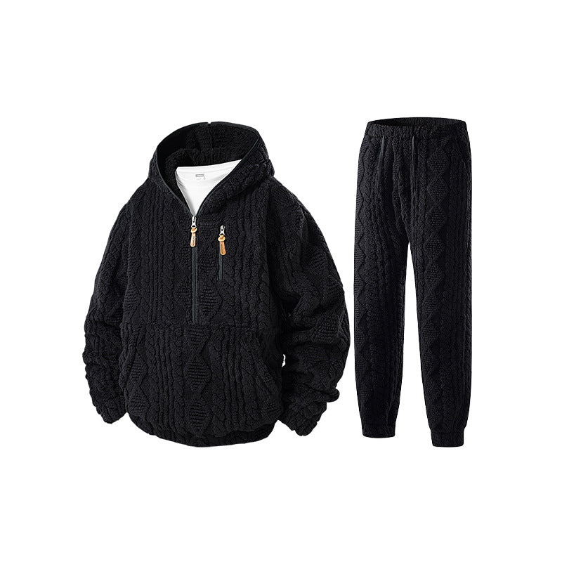 Damen Kuschel-Set aus Kapuzen-Halbzip-Pullover und Jogginghose in Kabelstrick-Fleece Drune