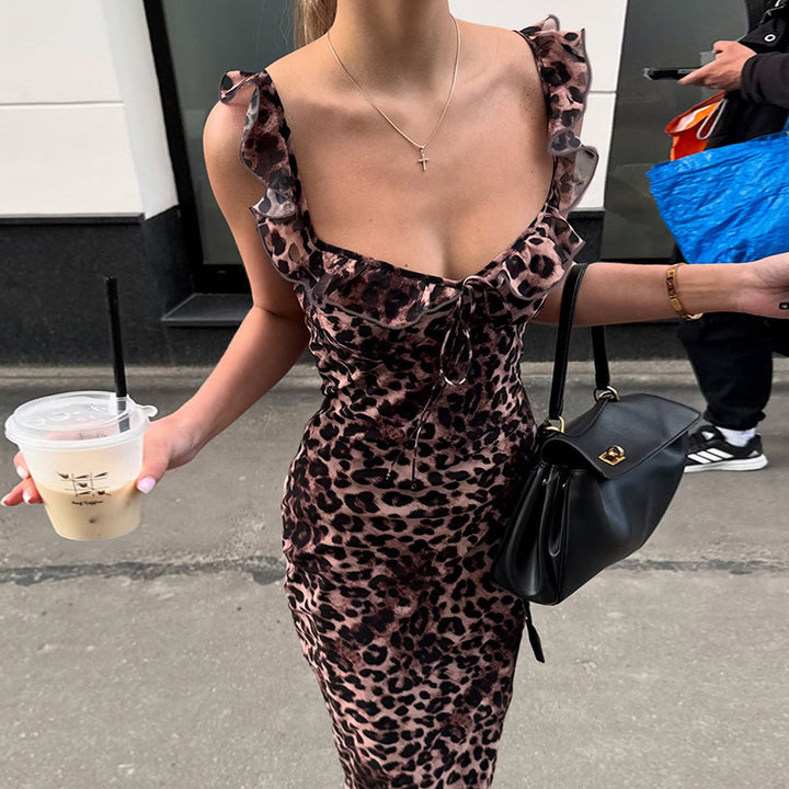 Damen Maxi-Kleid mit verführerischem Leopardenmuster und Rüschendetails Drune