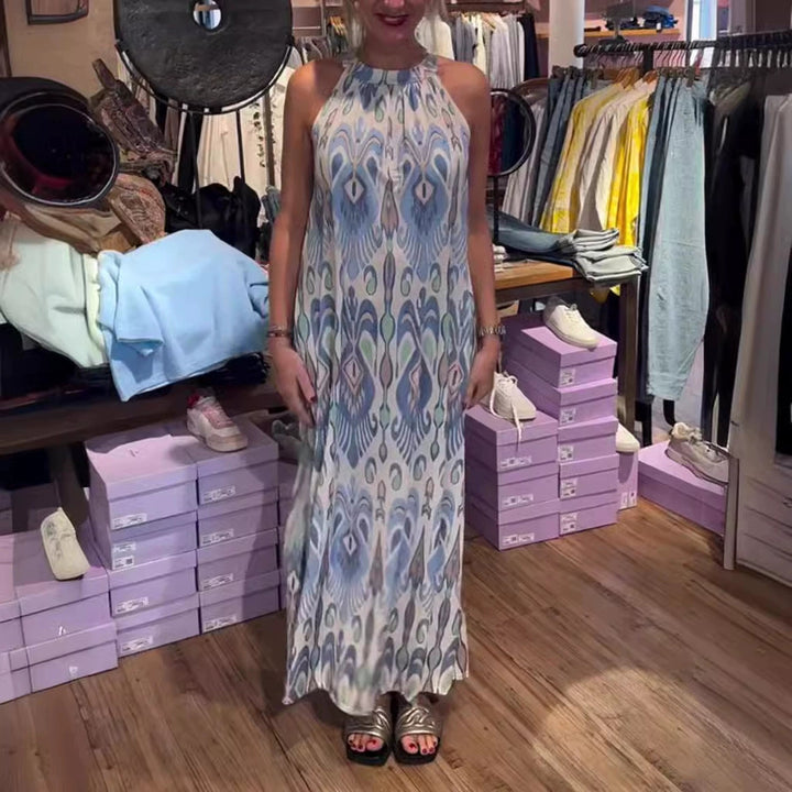 Damen nan fließendes Maxikleid mit Halterkragen, ornamentalem Ikat‑Print und weitem Fall Drune