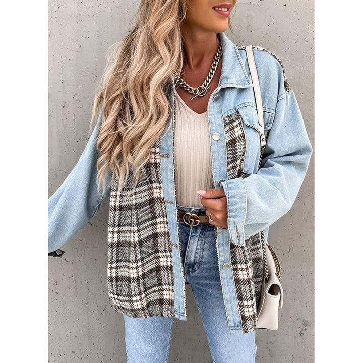 Damen Karomuster Denimjacke mit lässigem Schnitt und modernen Details Drune