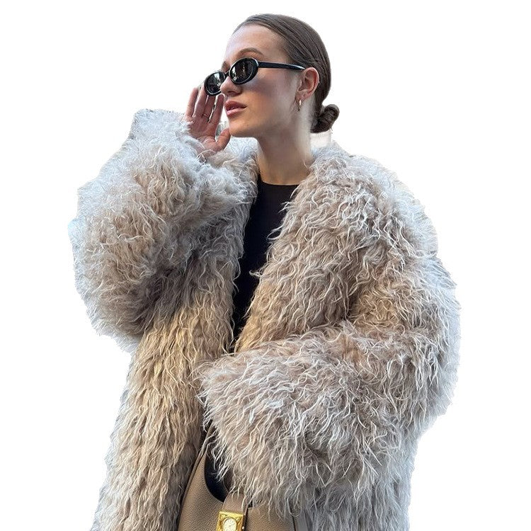 Damen Oversize lockiger Kunstpelz-Mantel im Shaggy‑Look Drune