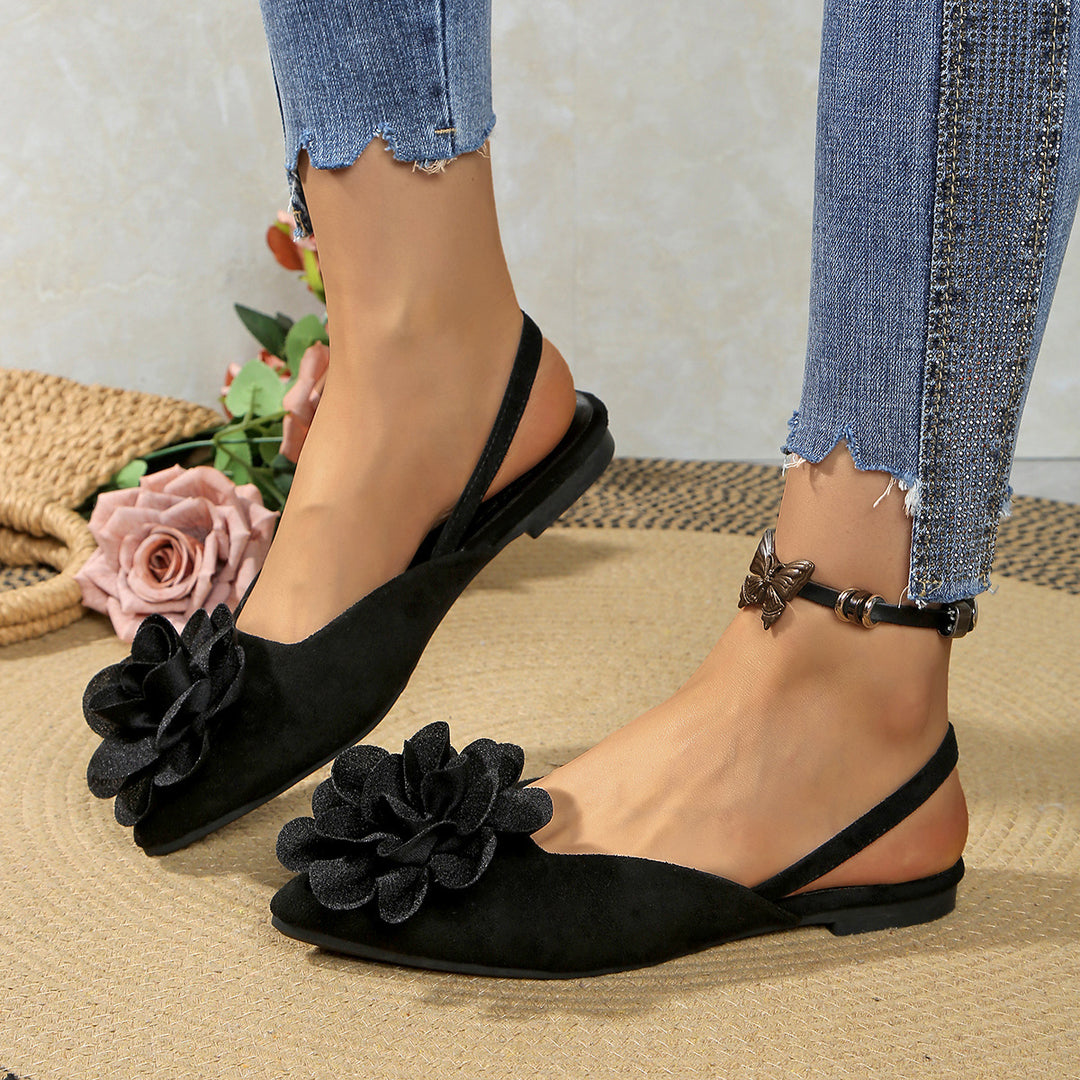 Damen Slingback-Mules mit spitzer Zehenpartie und großer Blumenapplikation Drune