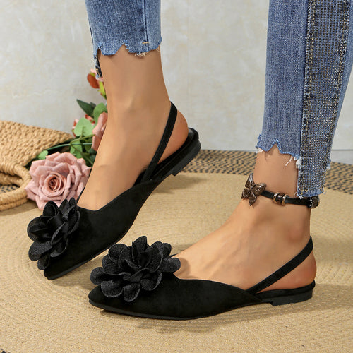 Damen Slingback-Mules mit spitzer Zehenpartie und großer Blumenapplikation Drune
