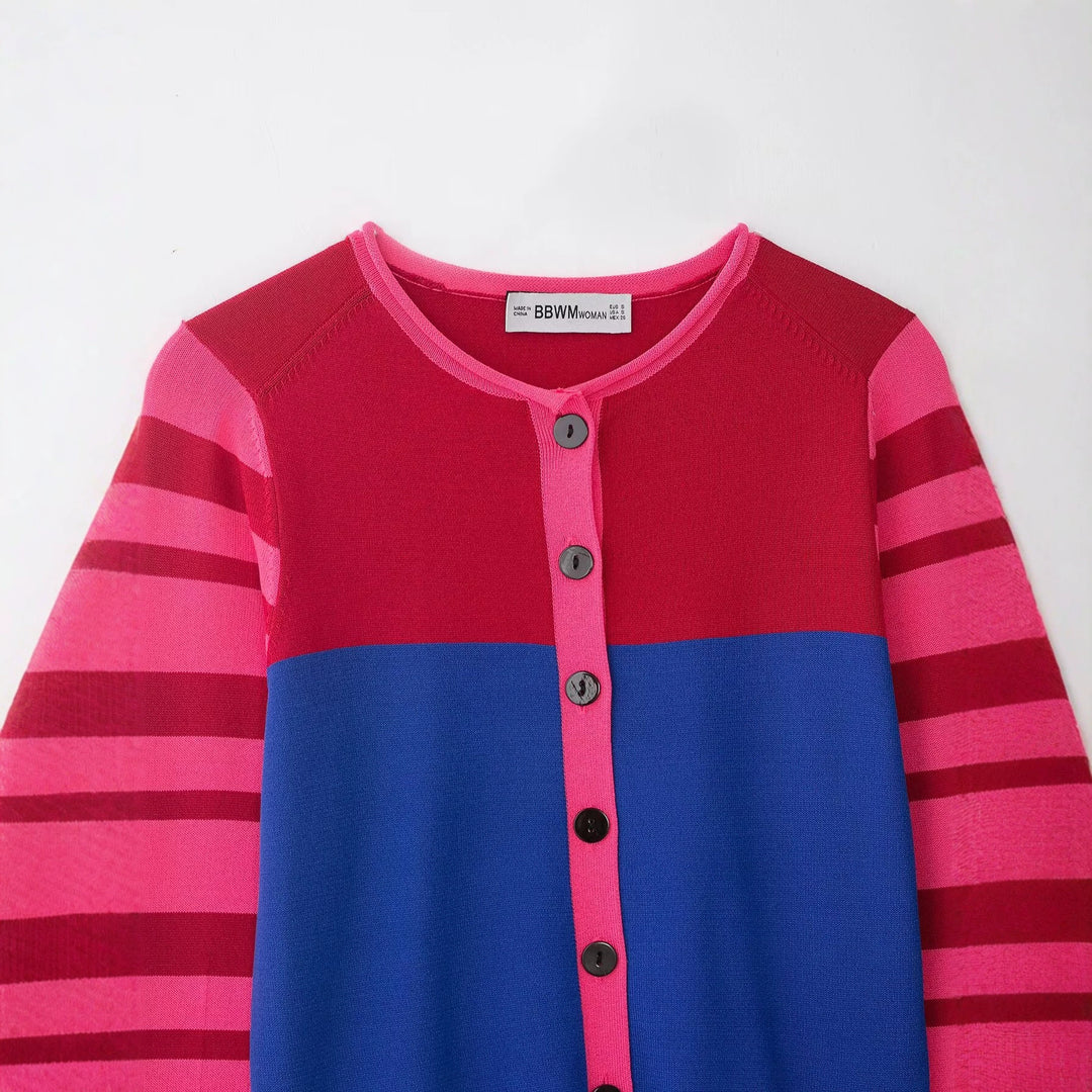 Damen Kurzgeschnittene Strickjacke mit Farbblock-Design und gestreiften Ärmeln Drune