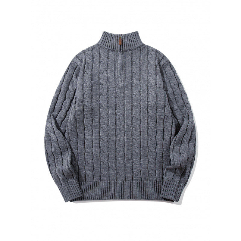 Unisex Grobgestrickter Halbreißverschluss-Zopfmuster-Pullover mit Stehkragen und gerippten Abschlüssen Drune