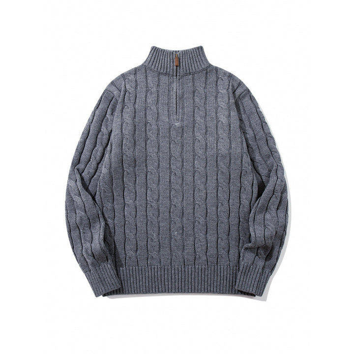Unisex Grobgestrickter Halbreißverschluss-Zopfmuster-Pullover mit Stehkragen und gerippten Abschlüssen Drune
