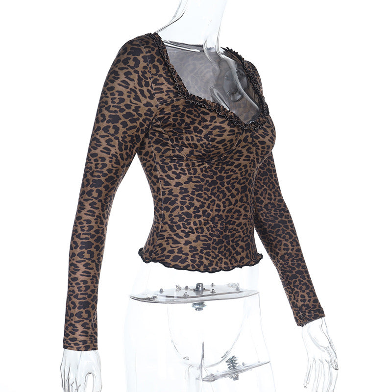 Damen elegantes Leopardenmuster Langarmoberteil Drune