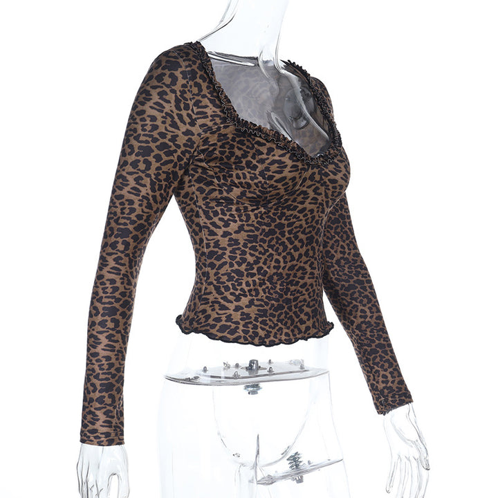 Damen elegantes Leopardenmuster Langarmoberteil Drune