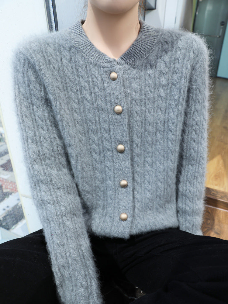 Damen Leichter Zopfstrick-Cardigan in Mohair‑Optik mit dekorativen Perlmuttknöpfen Drune