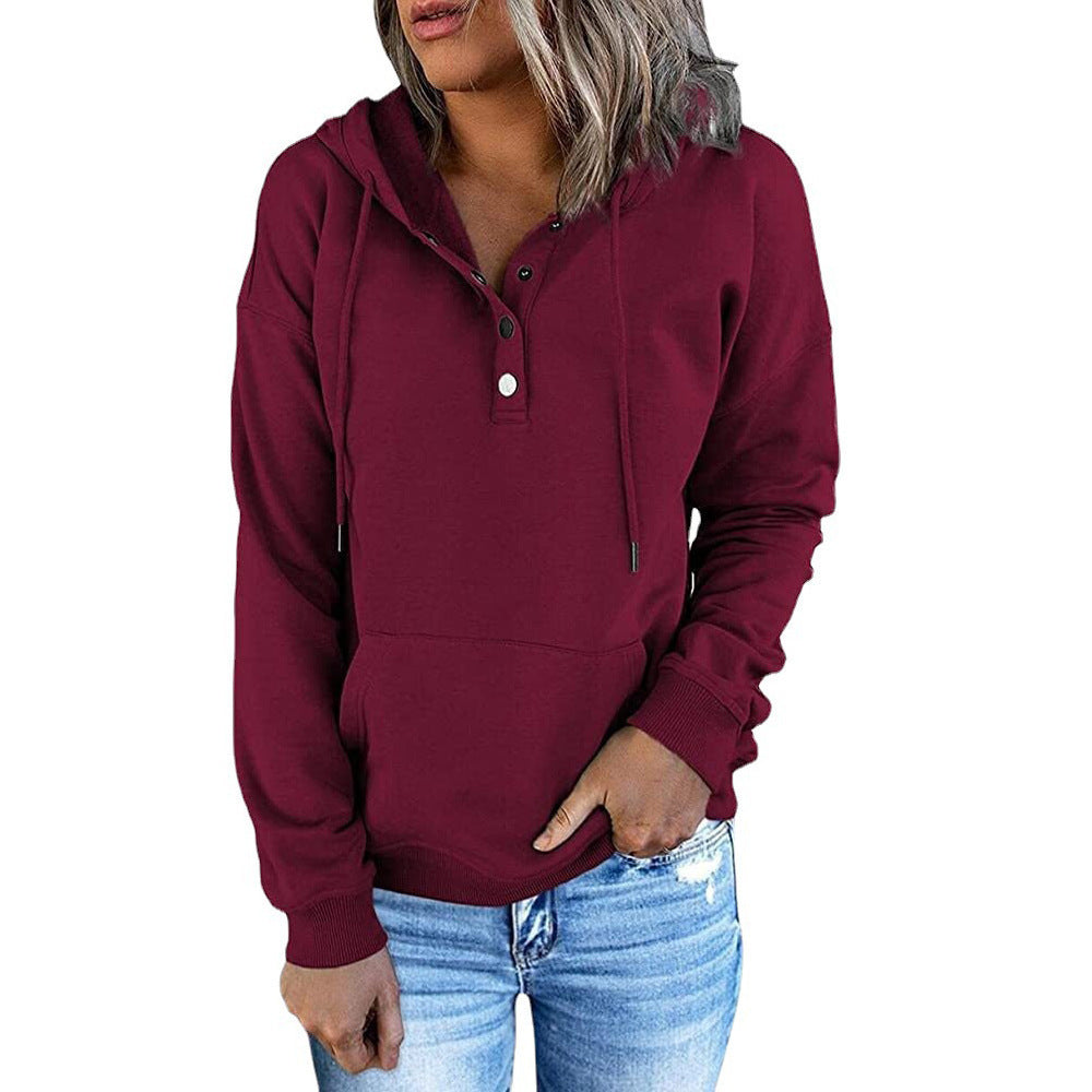 Damen Kapuzenpullover mit Henley-Knopfleiste, Kängurutasche und lockerer Passform Drune