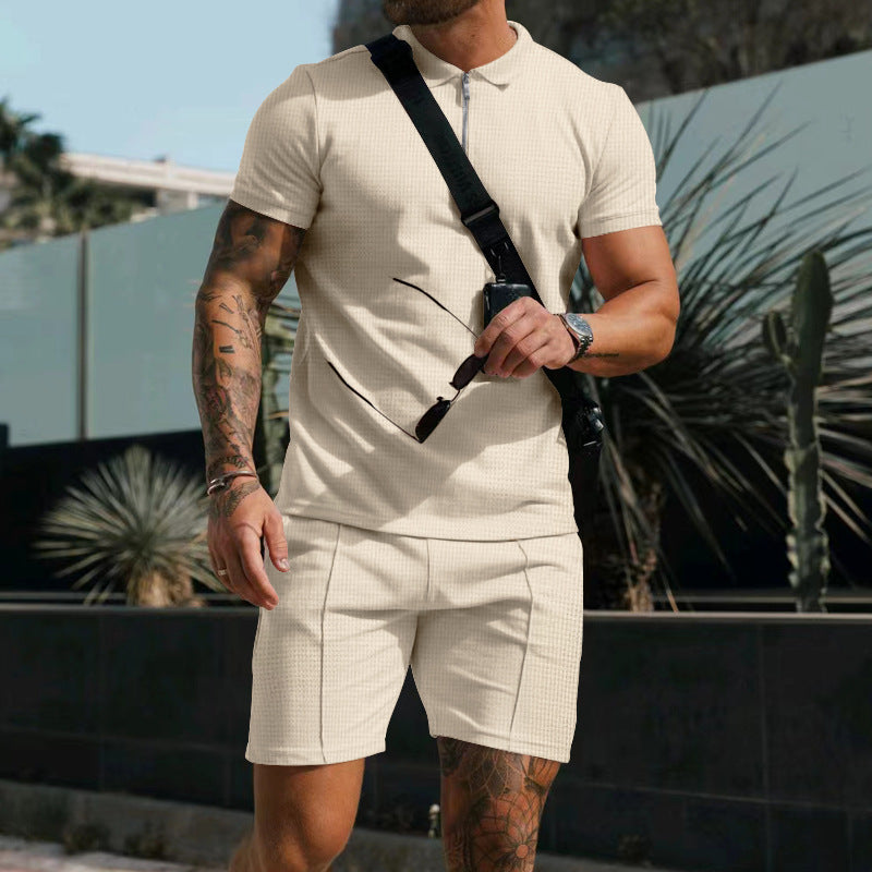 Herren nan sportives Poloshirt- und Chino-Shorts-Set mit halbem Reißverschluss, strukturiertem Jersey und dezenter Bügelfalte Drune