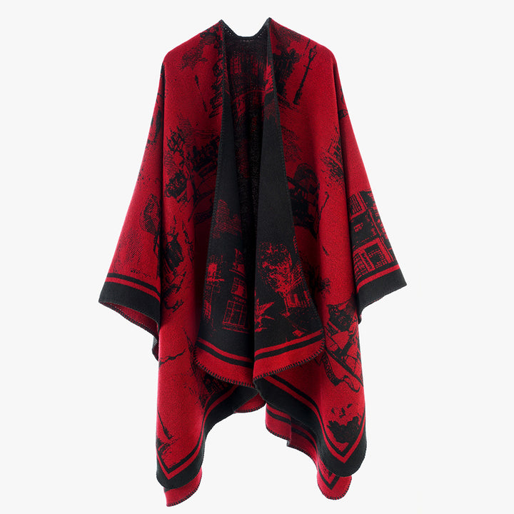 Damen Jacquard‑Capeponcho mit ikonischem Städte‑Jacquard und offenem Oversize‑Fall Drune