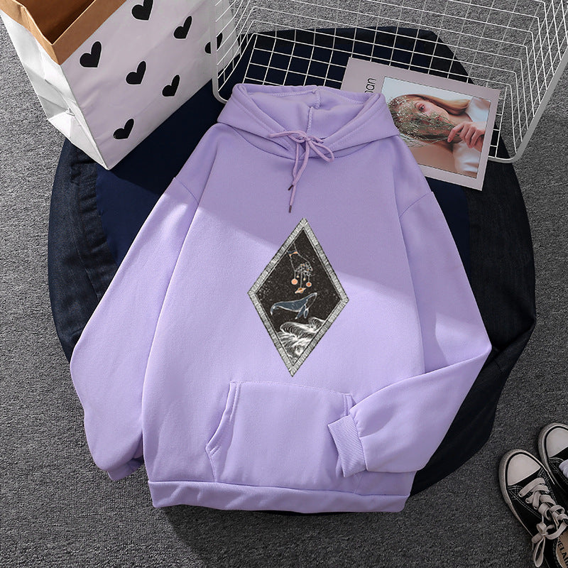 Damen nan Oversize Kapuzenpullover mit aufgenähter Wal-Patchapplikation, Kängurutasche und fleecegefüttertem Innenfutter Drune