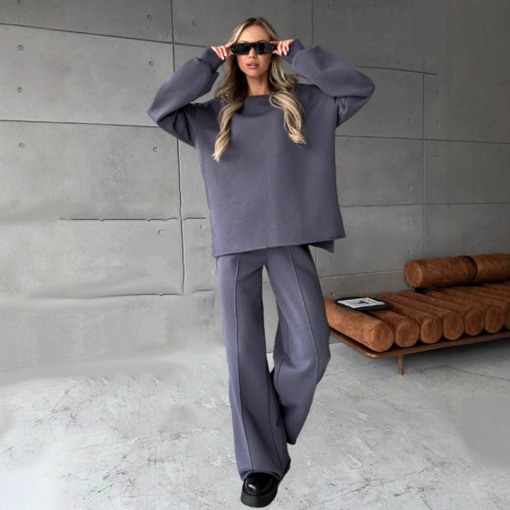 Damen eleganter Lounge-Zweiteiler mit Oversize-Sweatshirt und taillierter Weitbein-Hose Drune