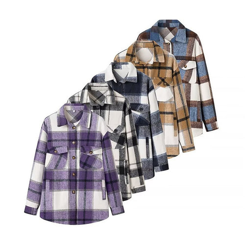 Damen Karo-Übergangs‑Shacket aus weichem Flanell mit aufgesetzten Brusttaschen Drune