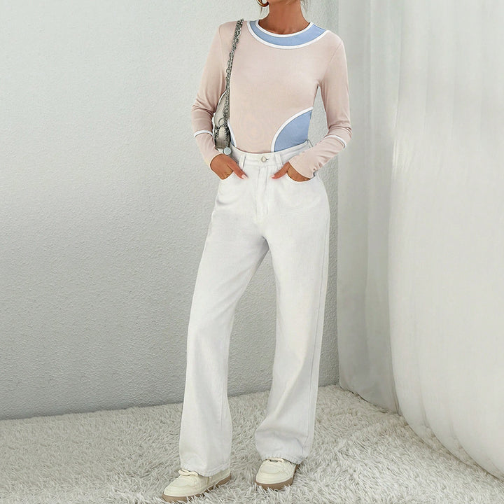 Damen figurbetontes Colorblock-Longsleeve mit Rundhalsausschnitt geschwungener Seitenpaneel‑Optik und feiner Rippstruktur Drune