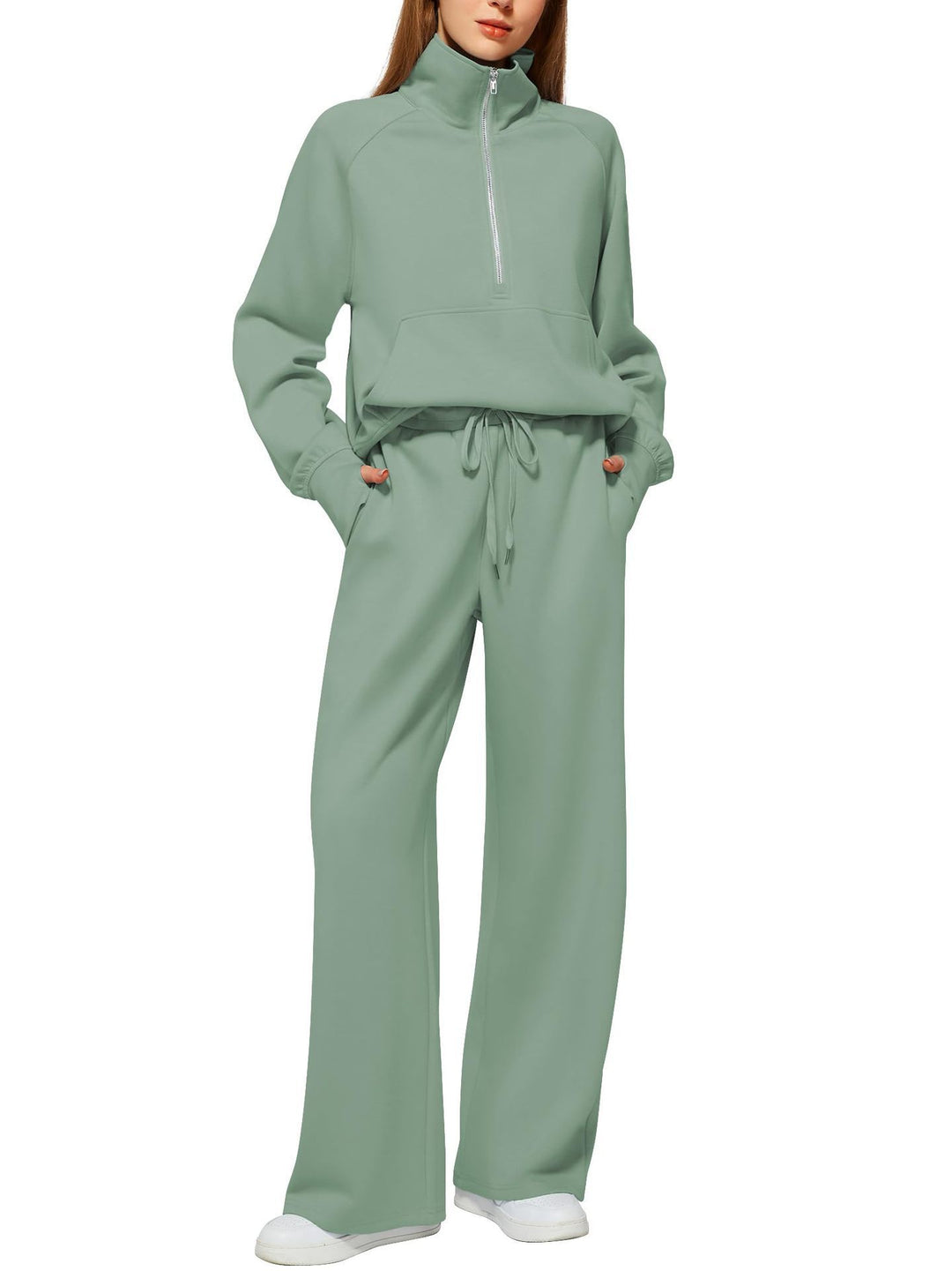 Damen nan halbzip Lounge-Set mit hohem Stehkragen, Kängurutasche und weiten Highwaist-Jogginghose Drune