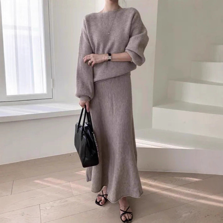Damen Strick-Set aus Oversize-Ripp-Pullover und fließendem Maxirock Drune