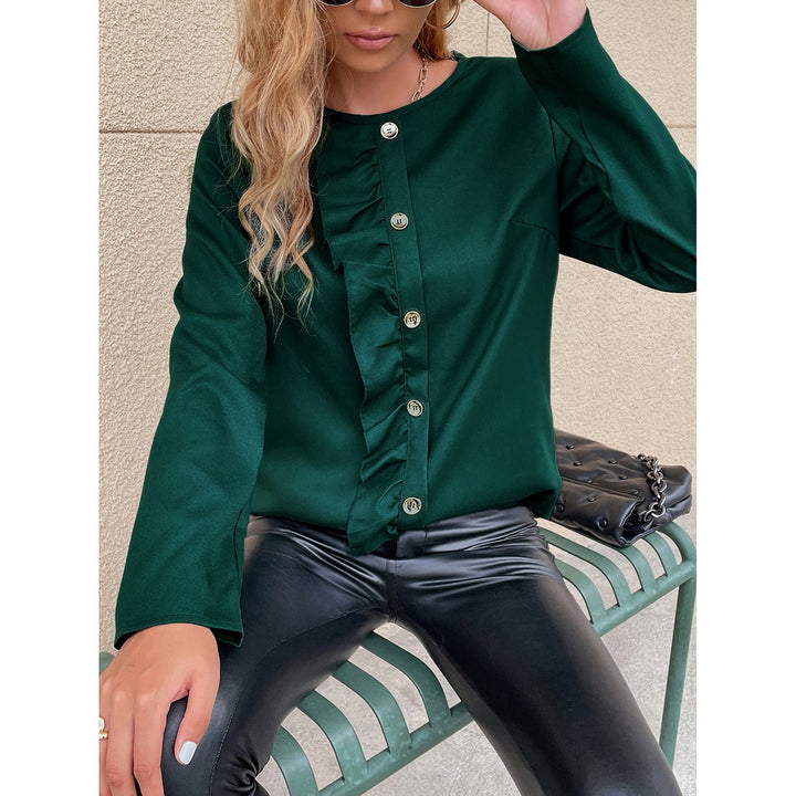 Damen elegantes Blusenshirt mit Rüschendetails und Knopfverzierung Drune