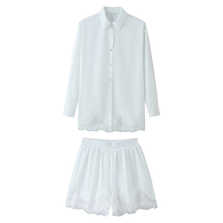 Damen Zweiteiliges Satin-Schlafanzug-Set mit Spitzenbesatz und Hemdjacke Drune