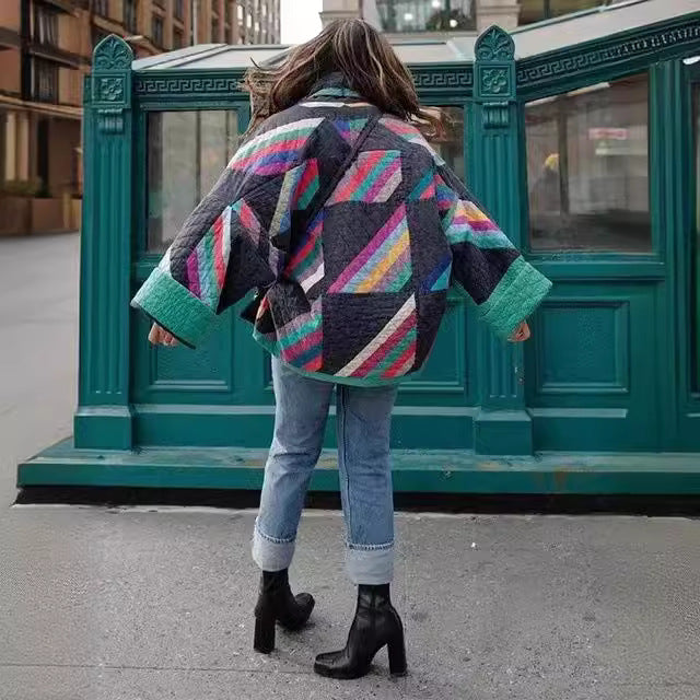 Damen wattierte Kimono-Steppjacke mit Patchwork-Design und weiten Ärmeln Drune