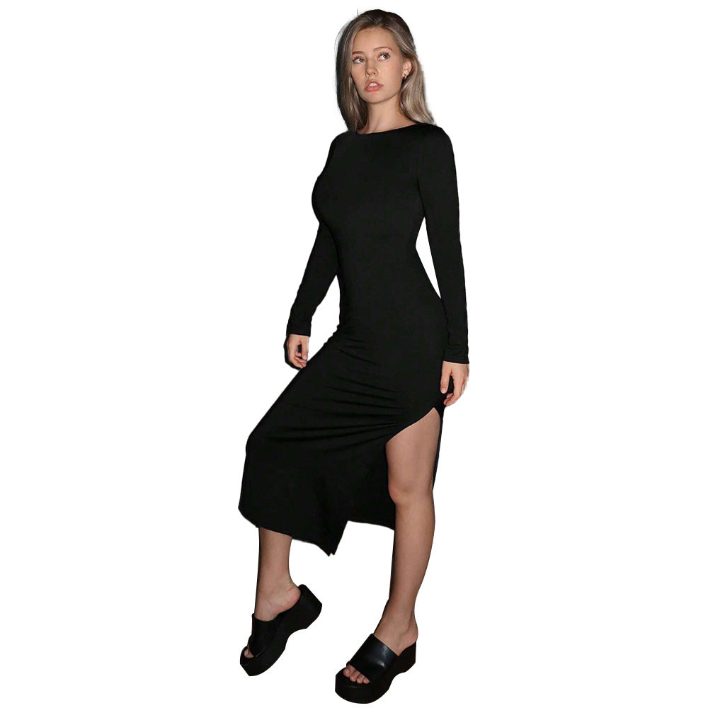 Damen langes figurbetontes Midikleid mit Boatneck, langen Ärmeln und seitlichem Beinschlitz Drune