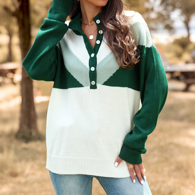 Damen Grobstrick-Henley-Pullover mit Stehkragen und Chevron-Intarsie Drune