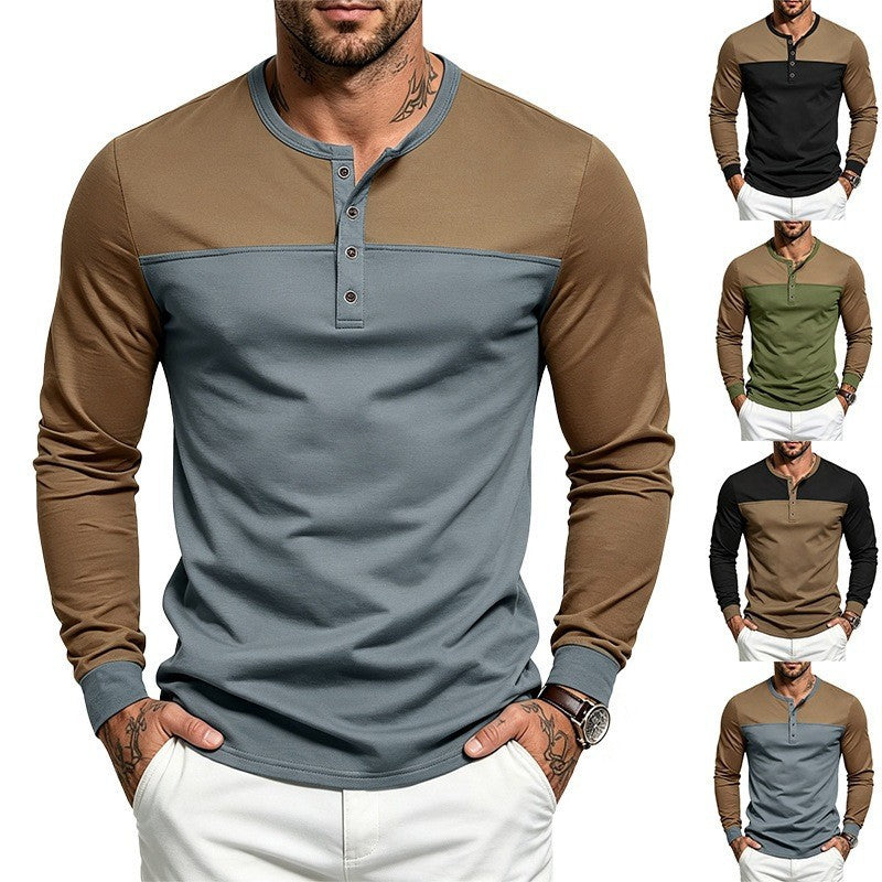 Herren Slim-Fit Langarm-Henleyshirt mit Kontrastpasse und Knopfleiste Drune