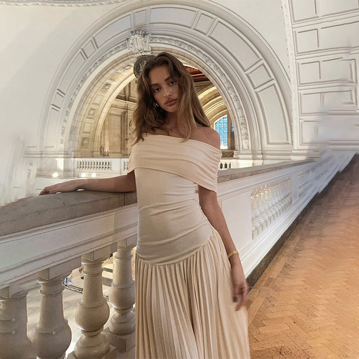 Damen Elegantes Off-Shoulder Maxikleid mit Falten-Details und figurumspielendem Schnitt Drune