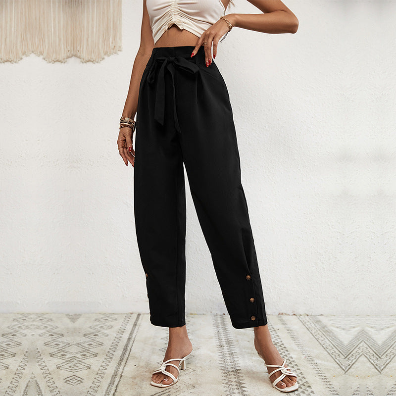 Damen Hochtaillierte Paperbag-Hose mit Bindegürtel, tapered Bein und Zierknopfleiste Drune