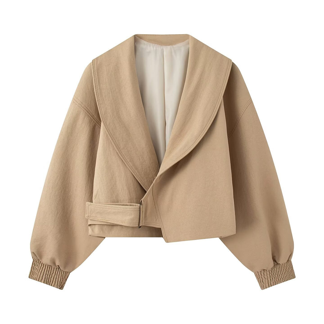 Damen 40+ Cropped Wickelblouson mit übergroßen Ballonärmeln und asymmetrischem Schnallenverschluss Drune