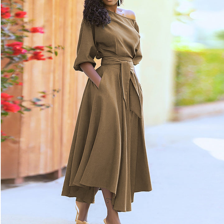 Damen Elegantes Maxi-Kleid mit schulterfreiem Design und Gürtel Drune