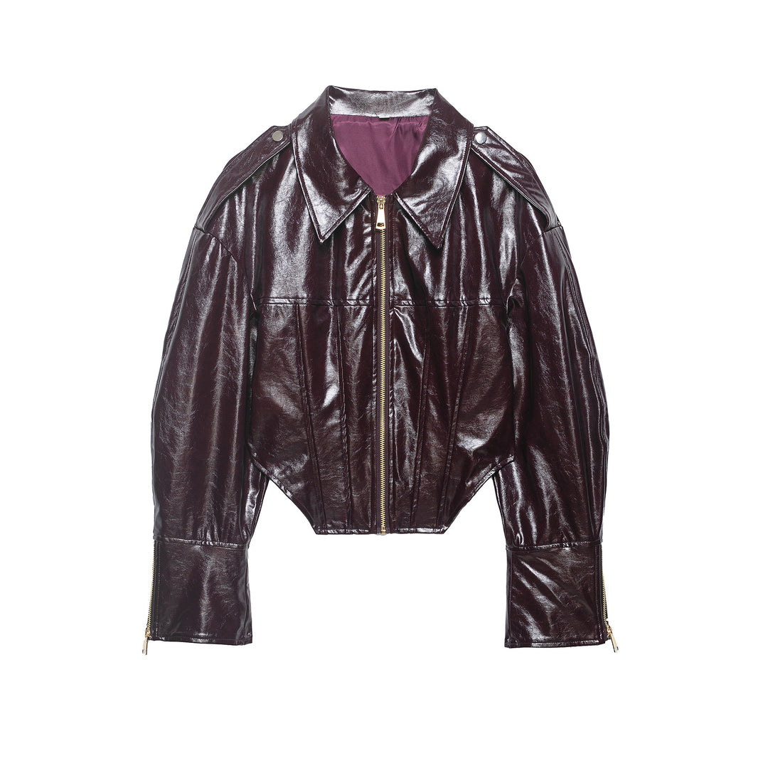 Damen Glänzende Cropped Bikerjacke in Lackoptik mit Schulterklappen und Zip-Ärmeln Drune