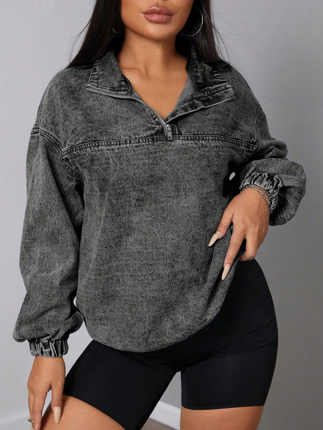 Damen lockeres Denim-Pullover mit Stehkragen und Reißverschluss Drune