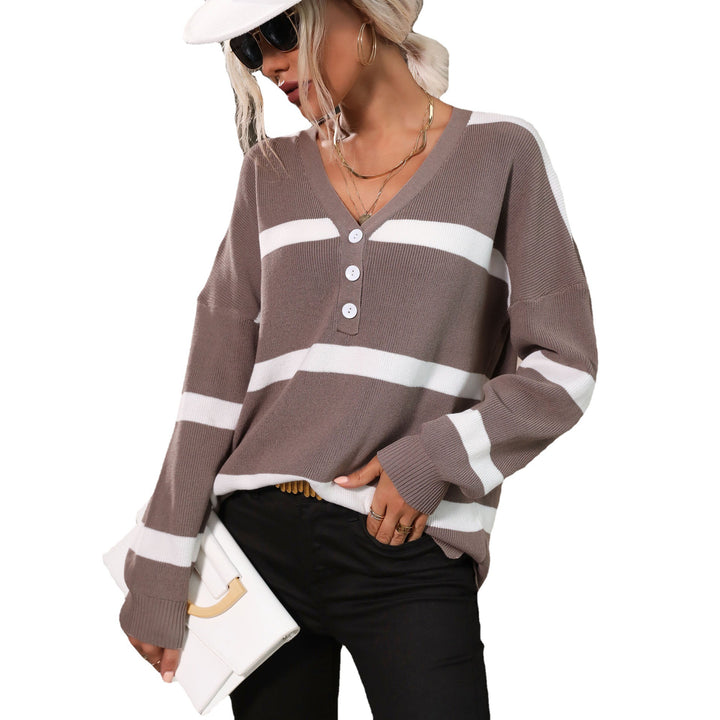 Damen Lockerer V-Ausschnitt Feinstrickpullover mit Knopfleiste und überschnittener Schulter Drune
