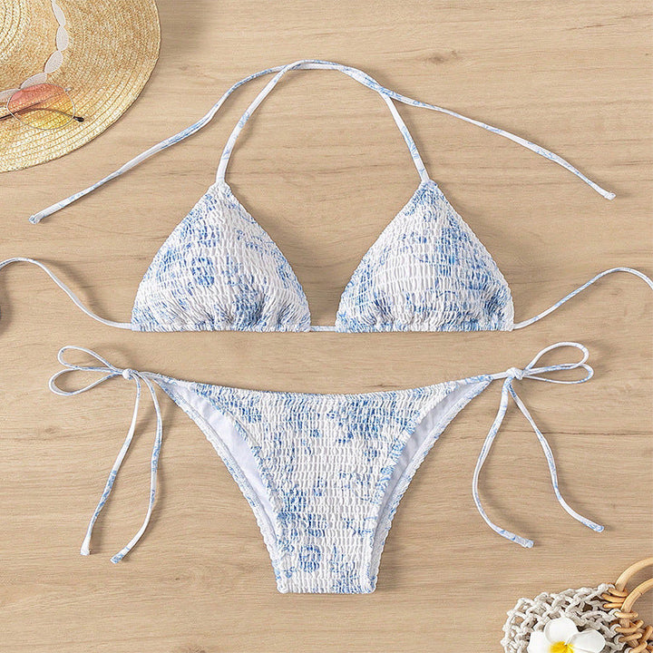 Damen Triangelbikini mit verspieltem Blütenmuster und einstellbaren Bindebändern Drune