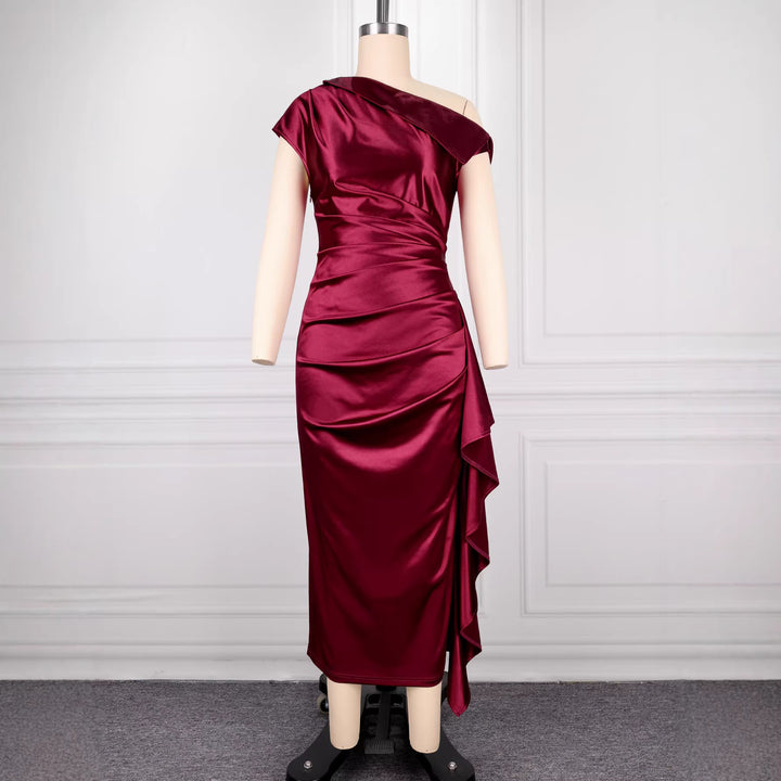 Damen elegantes Satin Abendkleid mit asymmetrischen Rüschendetails Drune