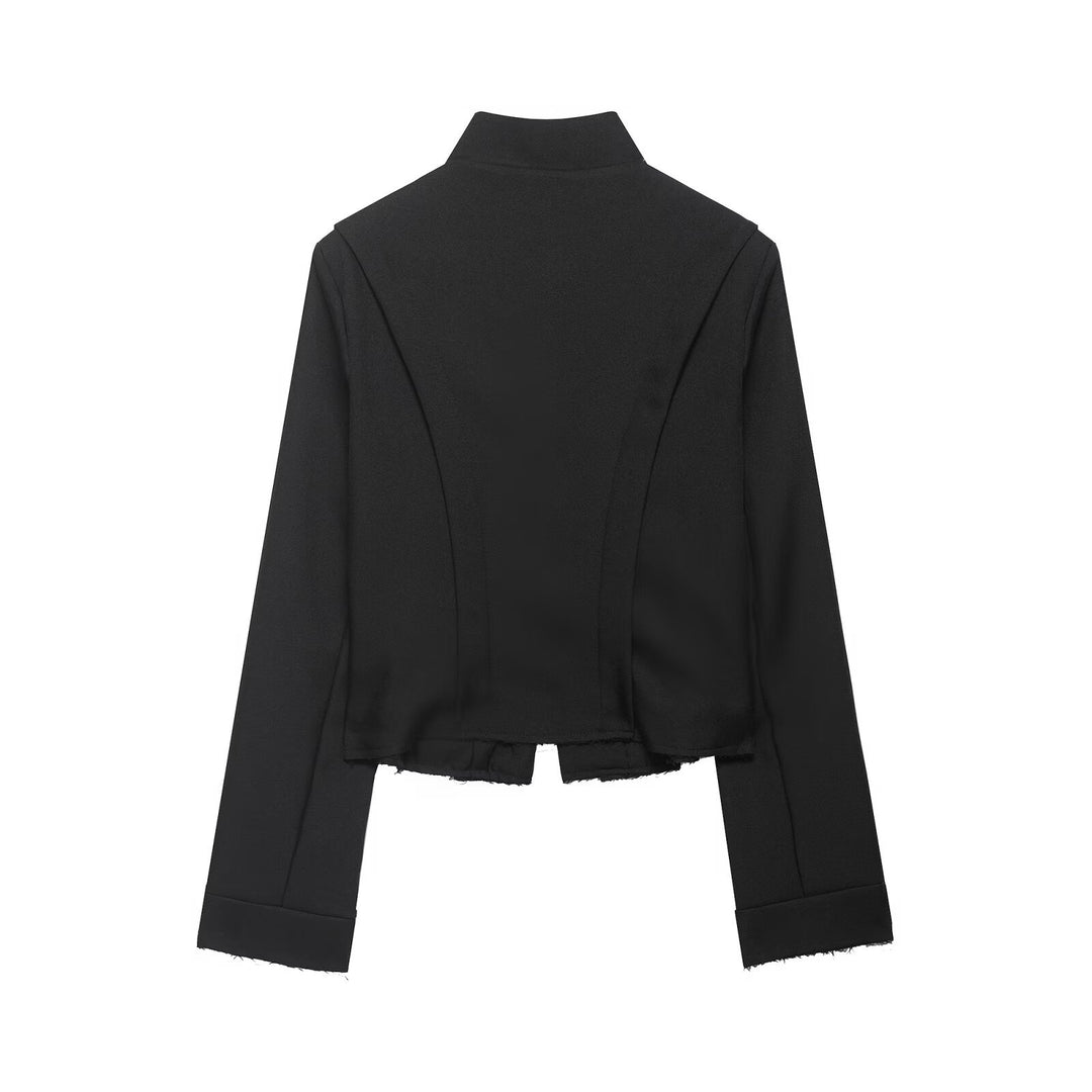 Damen Cropped‑Militärblazer mit Stehkragen, dekorativen Schlaufen und fransigem Saum Drune
