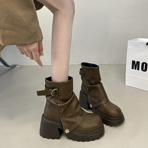 Damen modische Chunky-Boots mit dekorativem Riemen und stabiler Sohle Drune