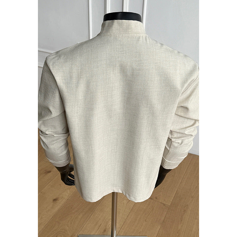 Herren Elegant modernes Langarm-Shirt mit Stehkragen und Knopfleiste Drune