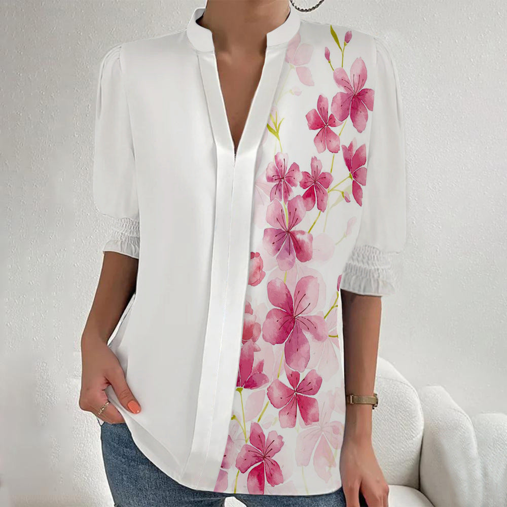 Damen Blumenprint Tunika-Bluse mit Stehkragen, geschlitzter V‑Blende und gerafften 3/4-Ärmeln Drune