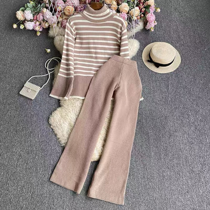 Damen elegantes gestreiftes Strickensemble mit hohem Kragen und weitem Bein Drune