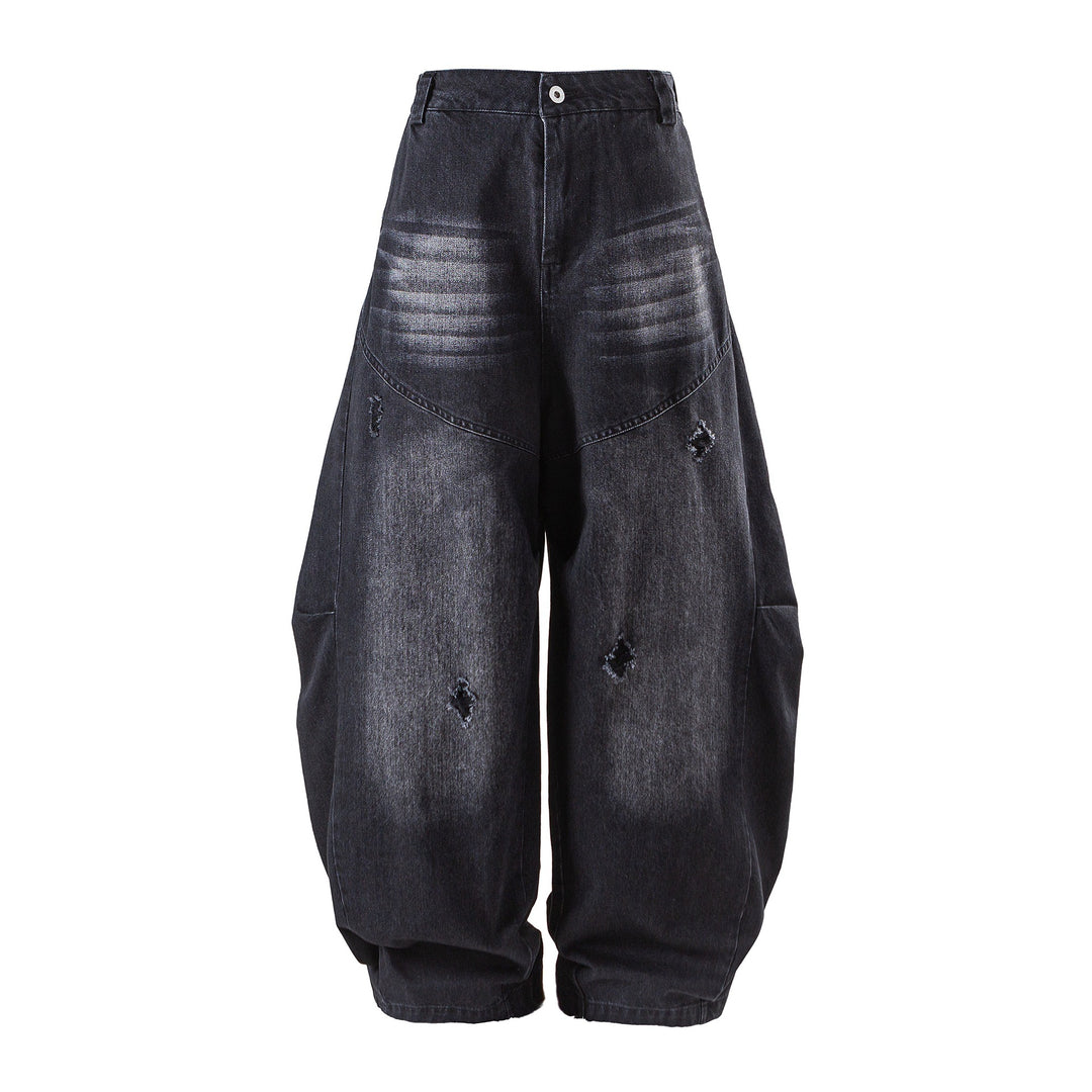 Damen hochgeschnittene weite Denim‑Culotte mit Cargotaschen, Used‑Effekt und elastischem Saum Drune