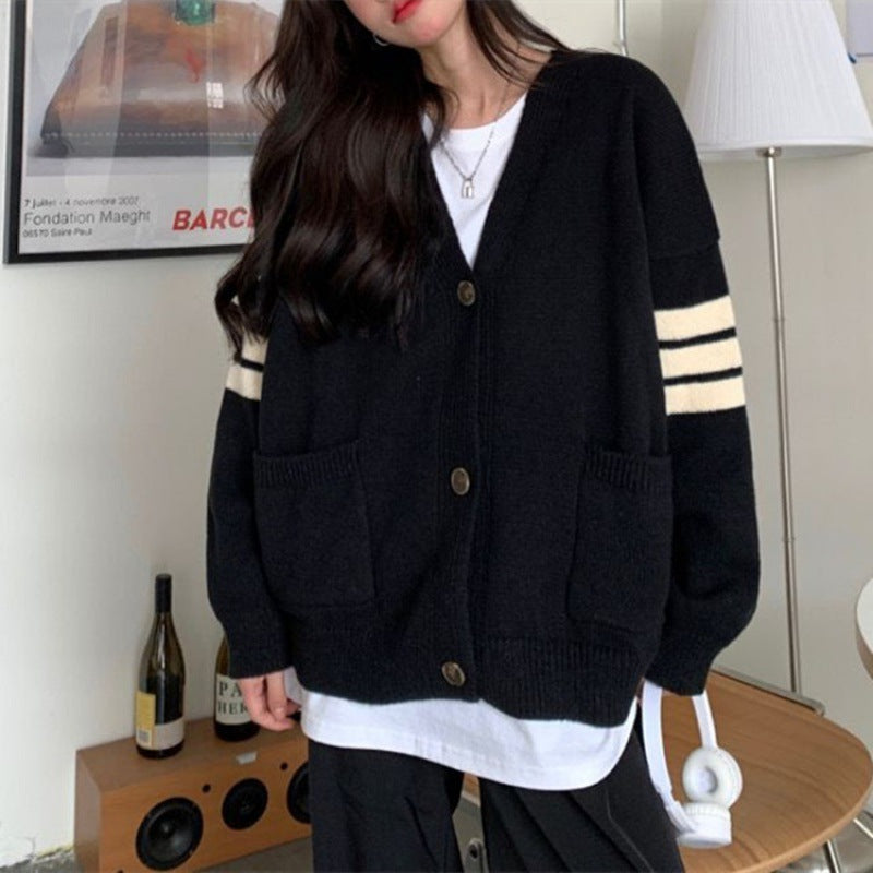 Damen Strickcardigan mit lässigen Taschen und kontrastierenden Streifen Drune